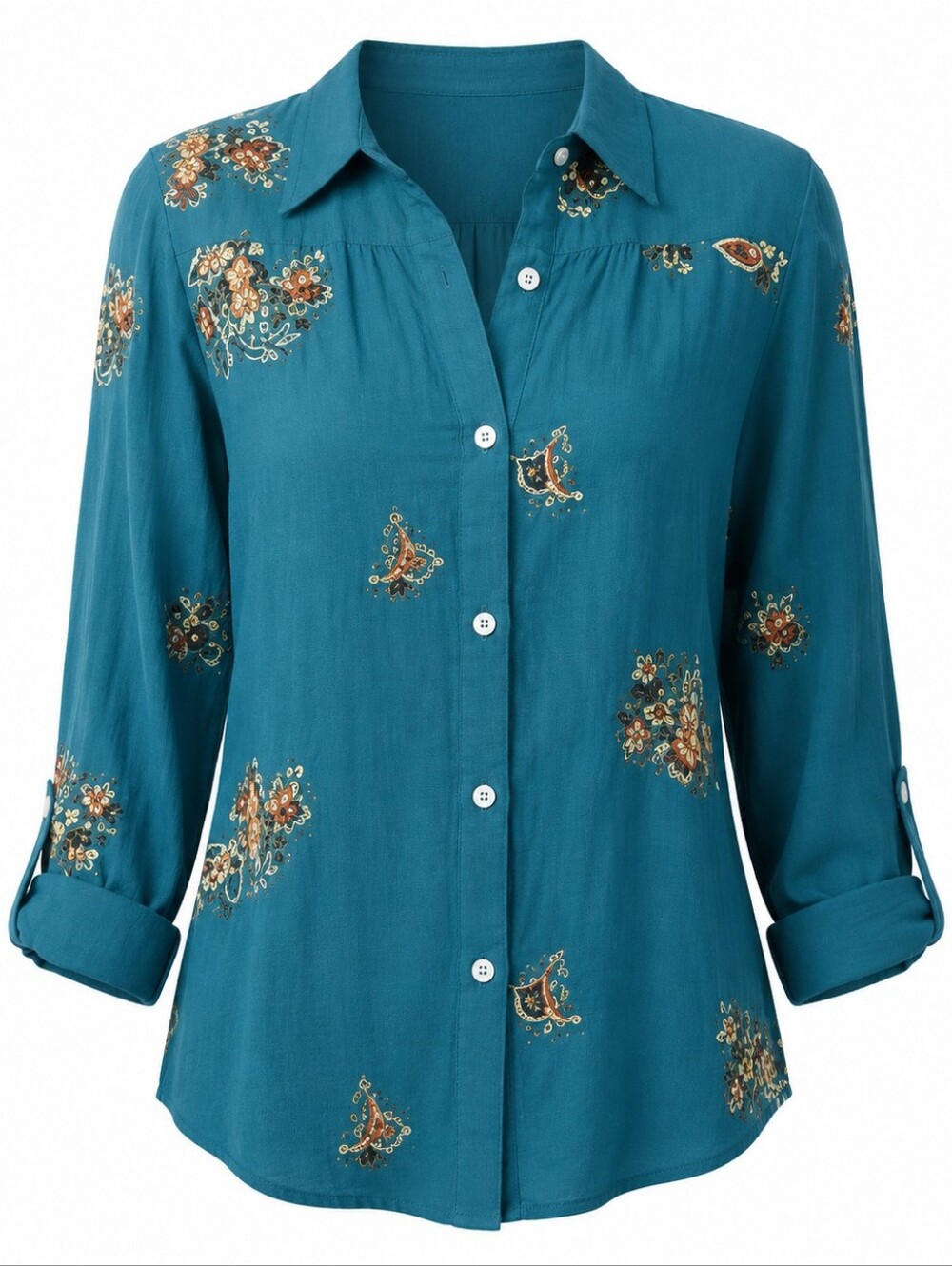 FIG & FLOWER | Teal Paisley Roll Tab Button Down Blouse Rayon Blend Boho | XL